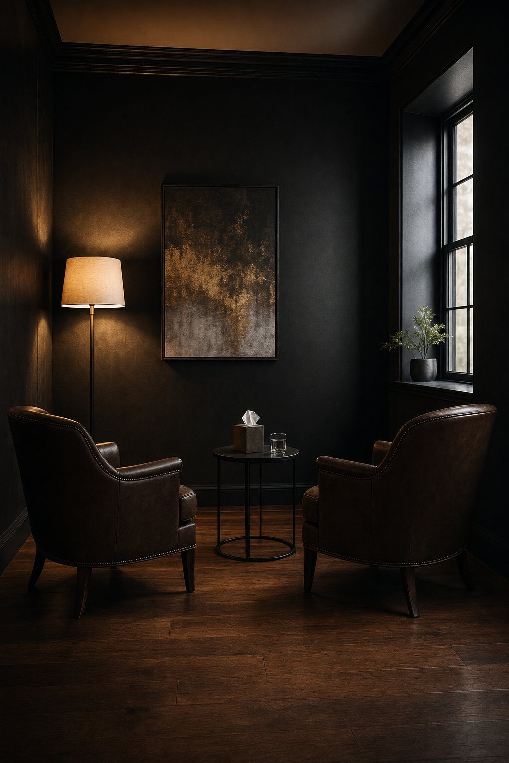 A quiet counseling room with two facing chairs and warm lamp light